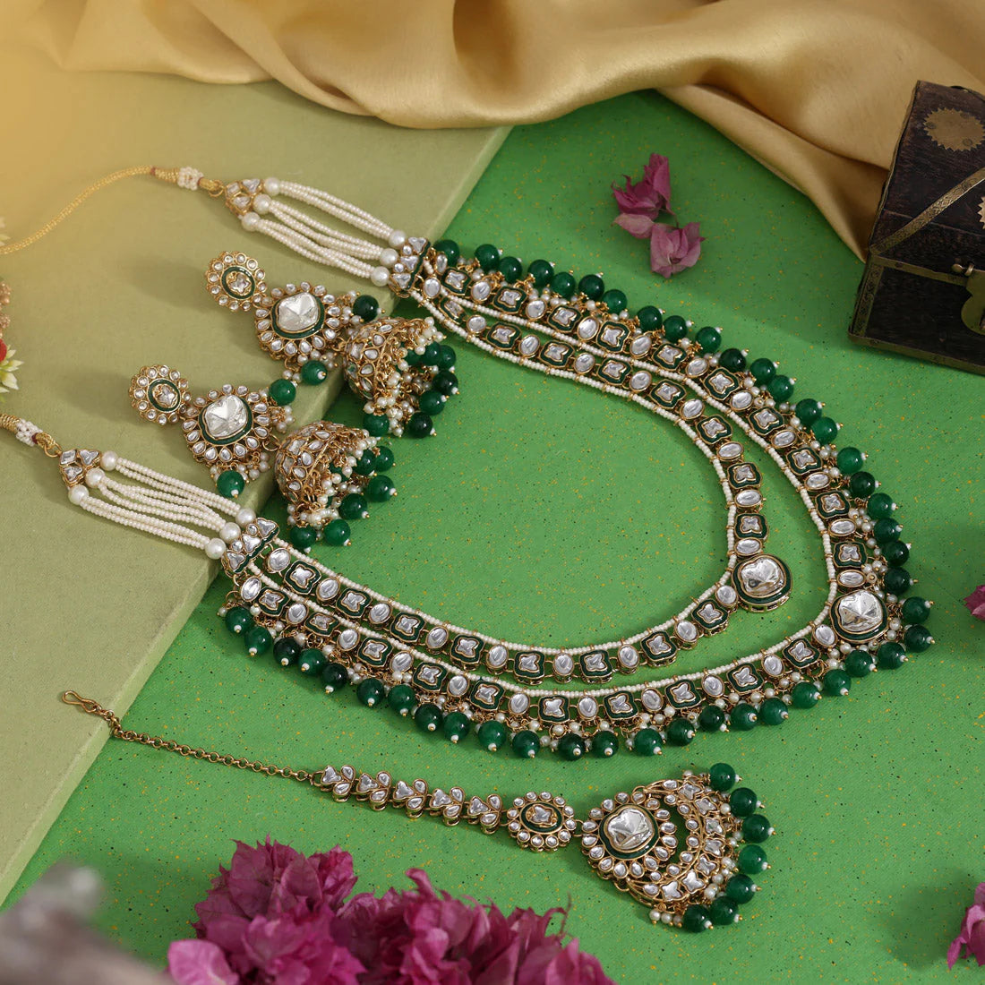 Jelset Green Color Meena Work Kundan Necklace Set