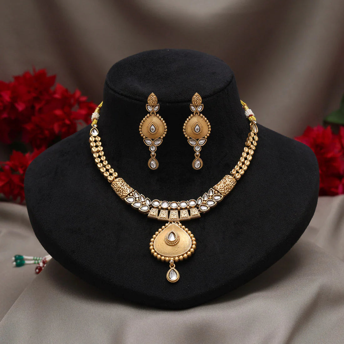 Jelset Gold Color Matte Gold Rajwadi Temple Necklace Set
