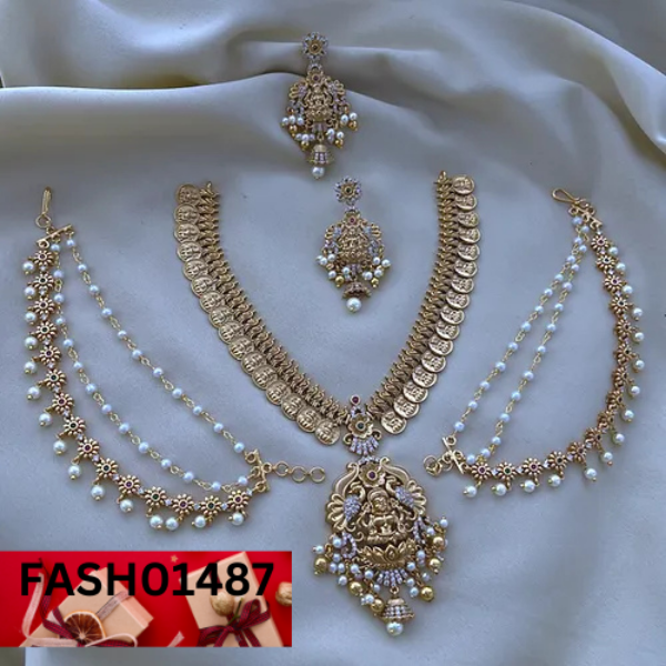Jelset Antique Polished Short Necklace with Ear-chain Combo Set
