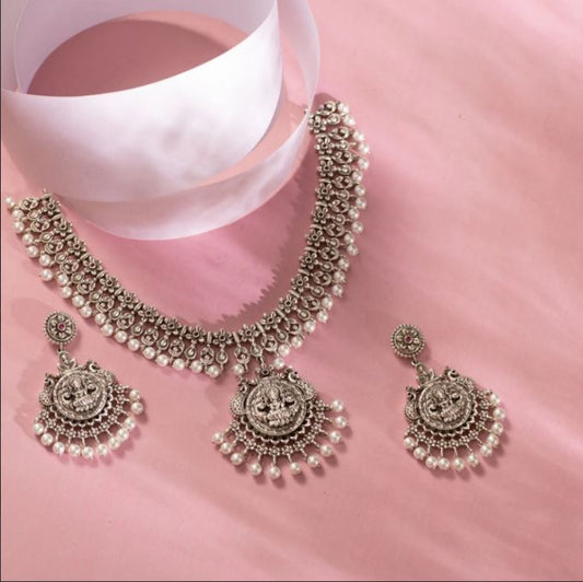 Maati Temple Floral Antique Oxidized Necklace Set
