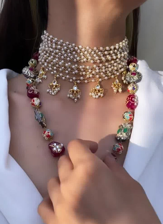 Combo Necklace Set With Pearl Choker And Handpainted Quartz Necklace Less