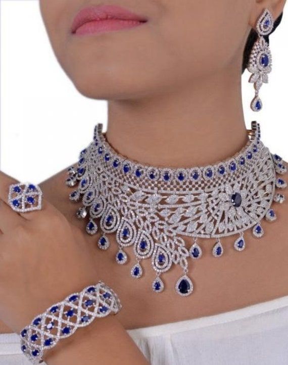 Blue Colour Handcrafted American diamond and CZ beautiful Necklace Choker set with