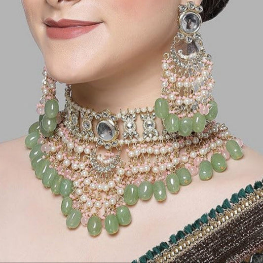 Jelset Gold Plated Pink and Lime Green Kundan Choker Bridal Jewellery Set