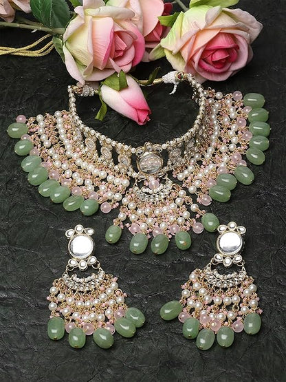 Jelset Gold Plated Pink and Lime Green Kundan Choker Bridal Jewellery Set