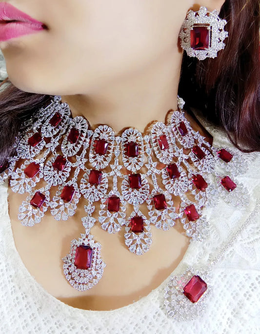 Jelset i Bridal American Diamond Choker Set- Red