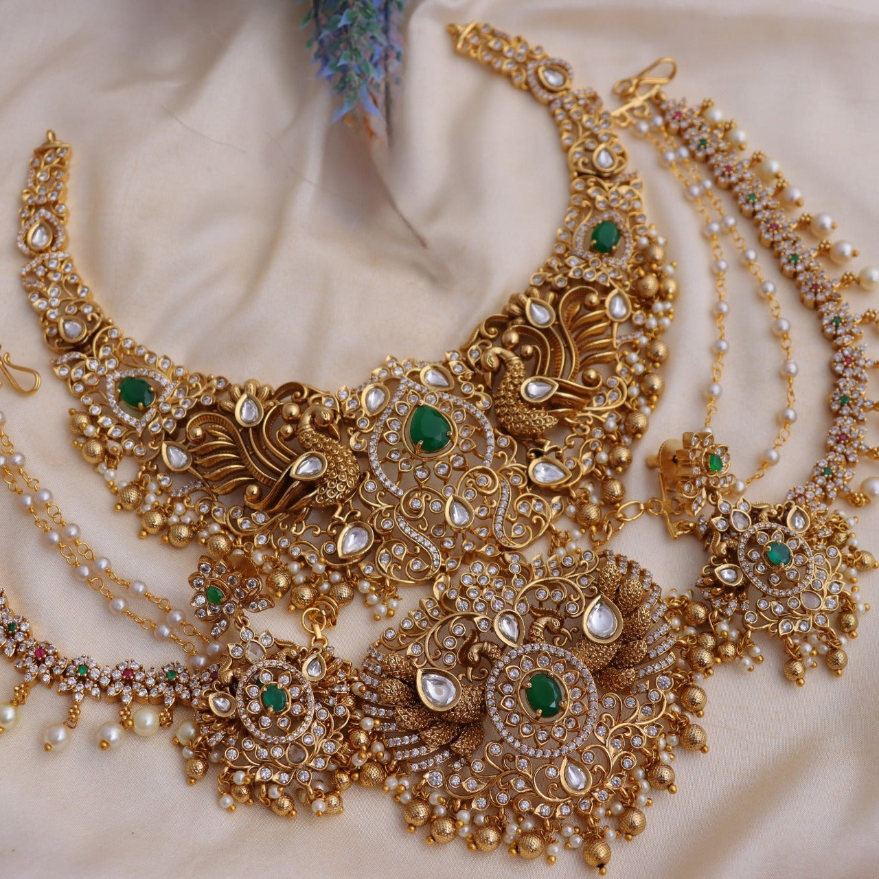 Bridal Temple Necklace - Green Stones & Kundan