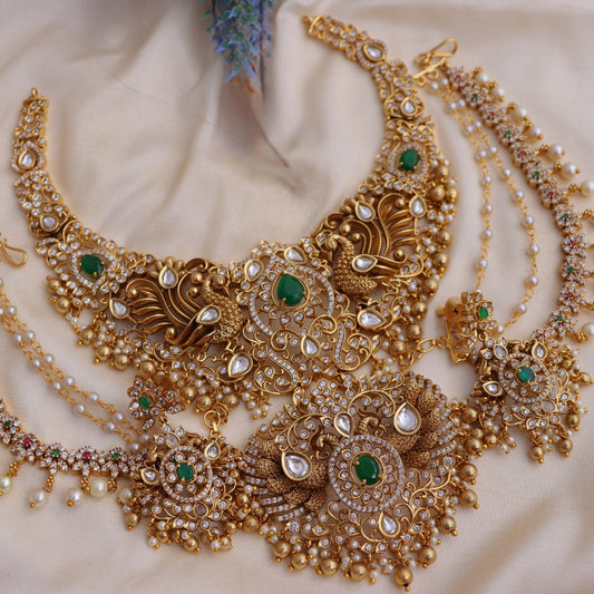 Bridal Temple Necklace - Green Stones & Kundan