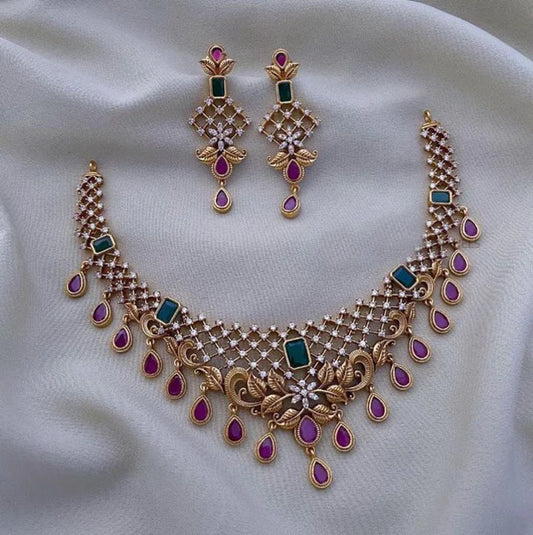 Jelset Ruby Emerald Diamond Necklace Matte Gold Polish Jewelry