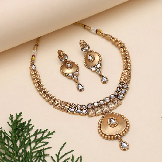 Jelset Gold Color Matte Gold Rajwadi Temple Necklace Set