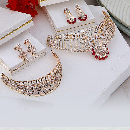 Rose Gold-Plated White & RED AD-Studded Jewellery Set