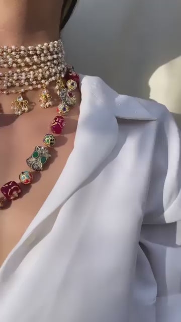 Combo Necklace Set With Pearl Choker And Handpainted Quartz Necklace Less